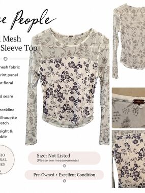Free People Cream and Gray Floral Mesh Long Sleeve Top